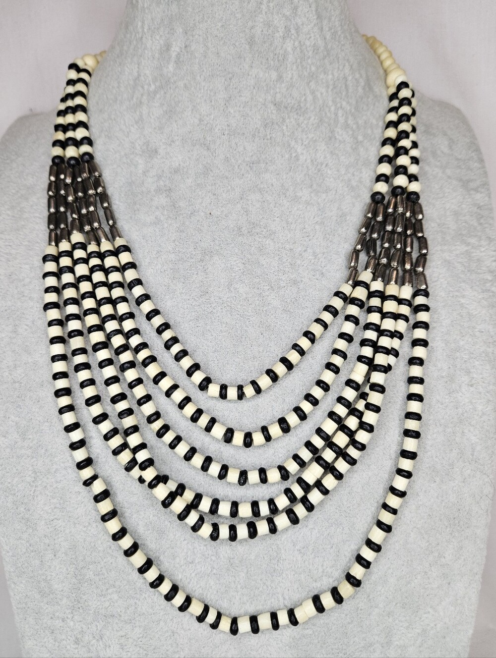Vintage Multi Strand Black Cream Beaded Statement Necklace Tribal Boho 17-24"